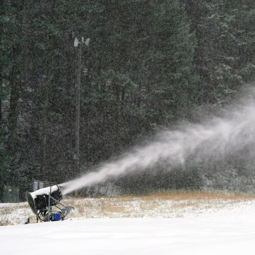 A close-up of a snow gun blasting a plume of snow across a grassy base area, with snowflakes falling and evergreen trees in the background.