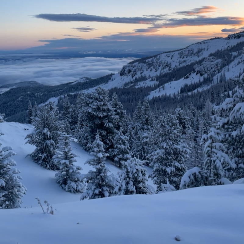 A view of Mission Ridge ski area at sunrise, with a yellow glow in the sky and fresh snow adorning the slopes.