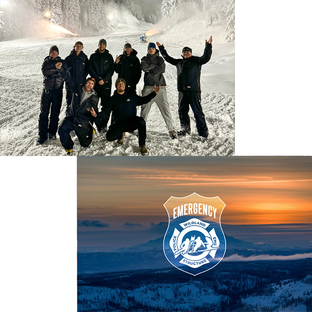 Left image (Opening Day announcement featuring snowmaking crew): A group of snowmaking crew members pose together on a freshly coated ski slope at night, surrounded by deep snow and active snow guns illuminating the scene. Right image (Firefighter & Emergency Personnel Appreciation): A sunset view over snow-covered mountain ridges with an emergency services badge graphic centered, highlighting appreciation for police, EMS, and fire personnel skiing free until December 14.