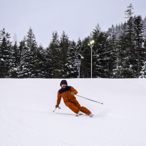 a skier descends the Mimi trail at Mission Ridge.