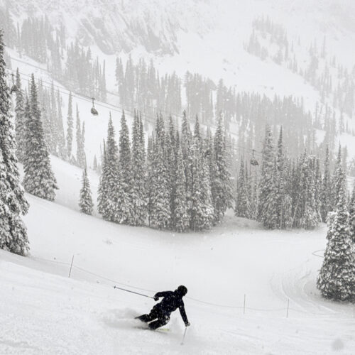 A skier descends the Tumwater trail at Mission Ridge.