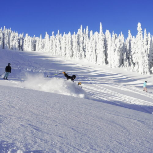 Skier slashing white powdery snow underneath blue sky.
