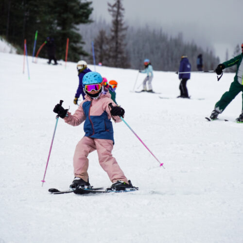 a child in pink skis in front of a crowd on a foggy day