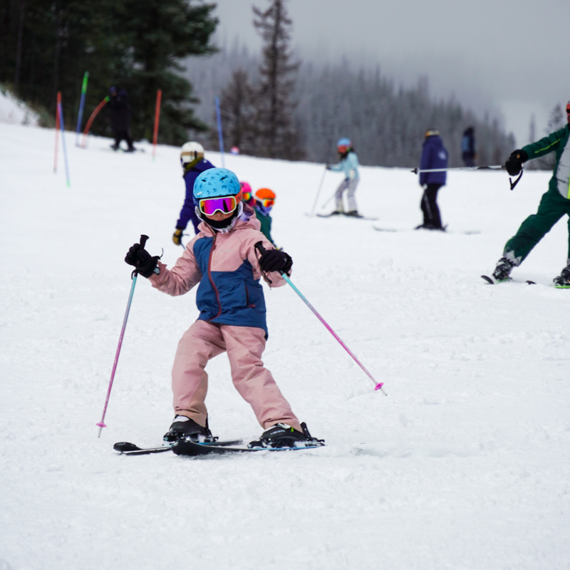 a child in pink skis in front of a crowd on a foggy day