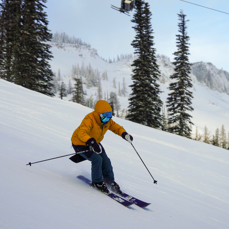 A sker descends the Tumwater trail at Mission Ridge after a dusting of fresh snow.