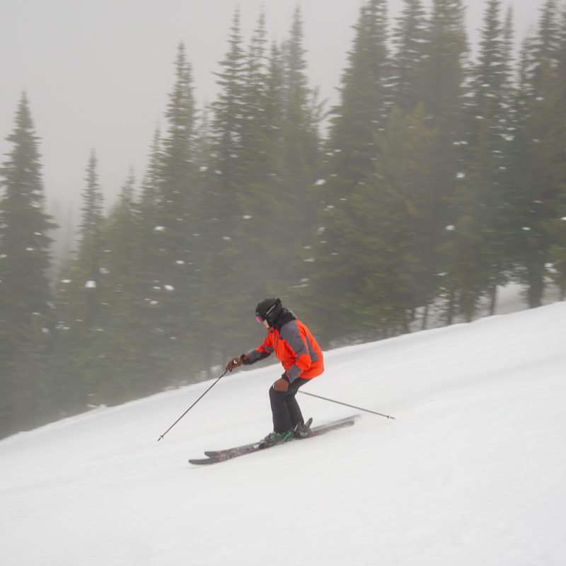 a skier navigates a foggy slope