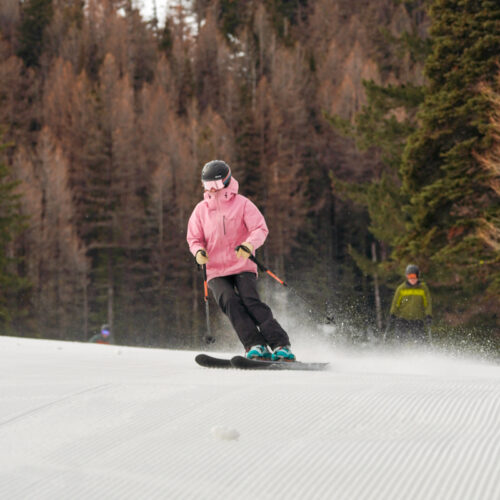 A skier descends the Tumwater Trail at Mission Ridge.
