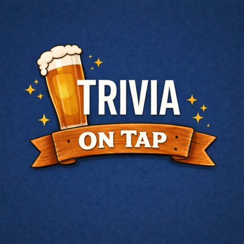 Square graphic with the words “Trivia On Tap” on a dark blue background. The word “Trivia” appears in bold white lettering above a wooden banner reading “On Tap,” with a frothy pint of beer illustrated to the left and small star accents around the text.