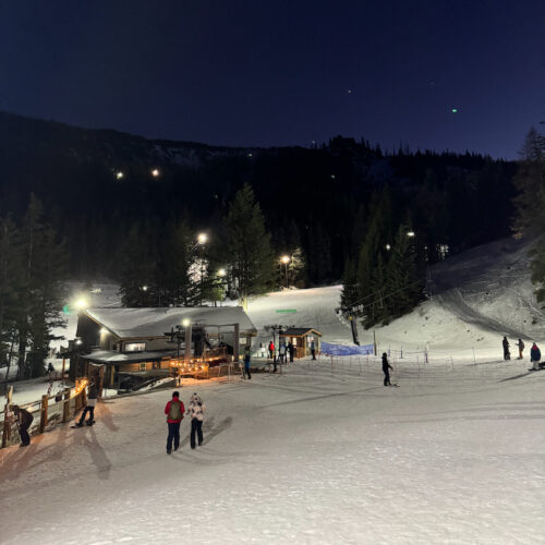 View of the Mission Ridge Base Area at night.