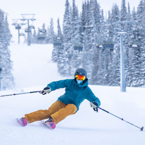 A skier carves hard on the Tumwater Trail at Mission Ridge after some fresh snowfall.