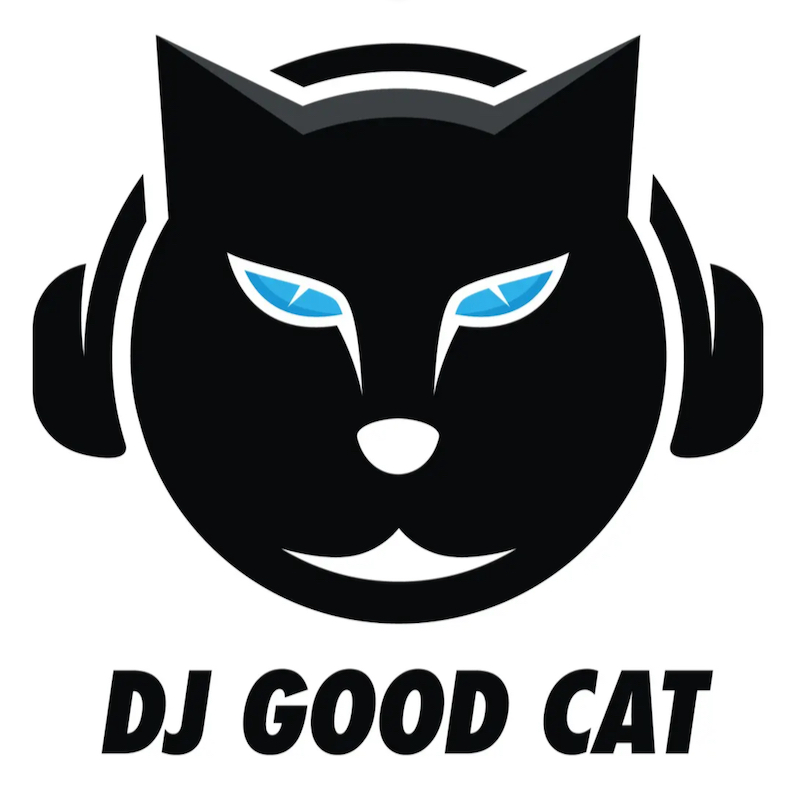 DJ Good cat logo with cartoon of cat in headphones