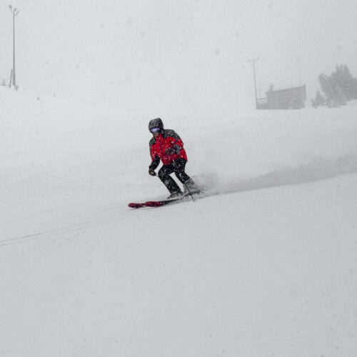a skier navigates a snowy, foggy slope