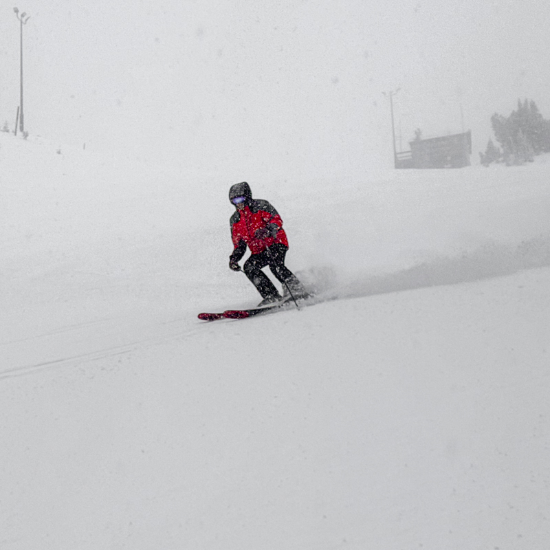 a skier navigates a snowy, foggy slope