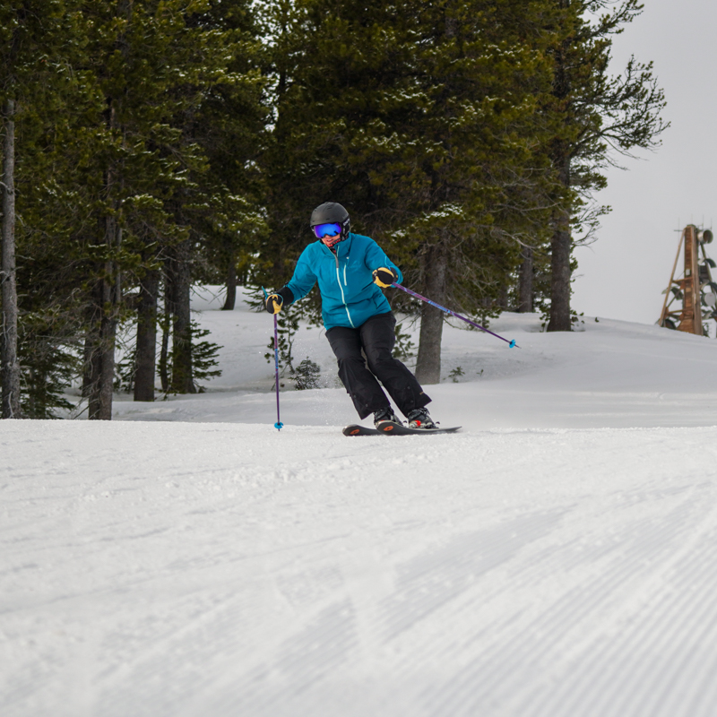 A woman in turquoise skis on a forested flat area with a cell tower looming in the overcast sky