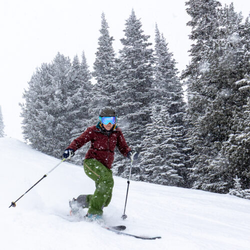 a telemark skier drops a knee as she carves past snowy trees on an overcast, snowy day