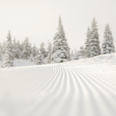 Fresh corduroy at Mission Ridge with trees and a cloudy sky in the background.