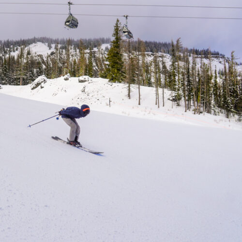A young skier in a fast tuck