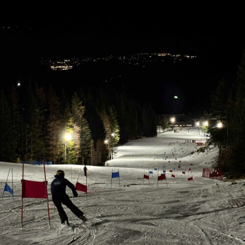 A skier descends the Thursday Night Drags racecourse at Mission Ridge.