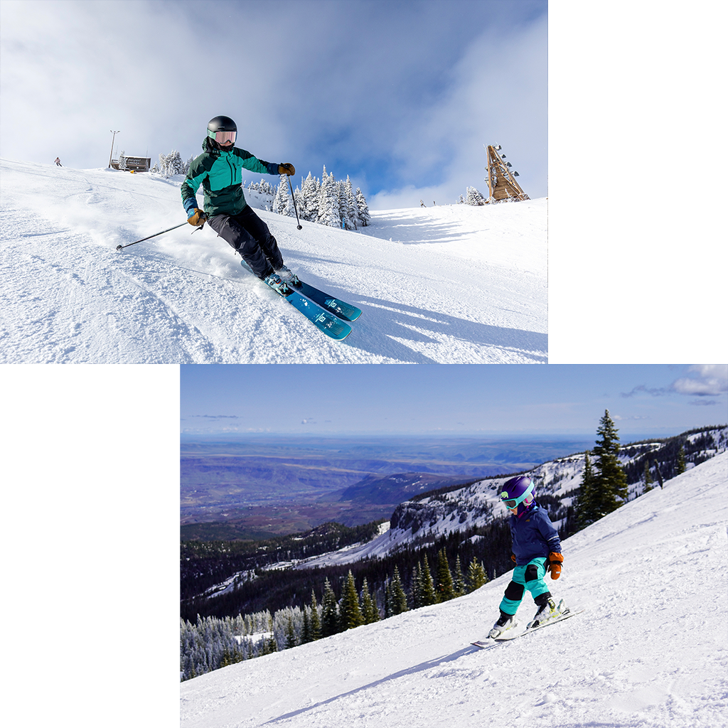 Left image: A skier in a blue jacket descends a groomed run at Mission Ridge on a sunny day. Right Image: A young skier in a blue jacket skis the Sunspot run at Mission Ridge, with a view into the valley below on a sunny day.
