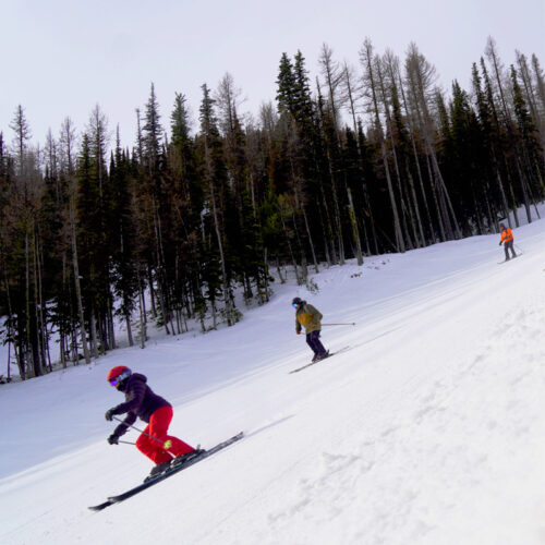 three skiers in a row