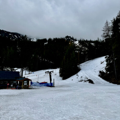 View upward from the Mission Ridge base area on an overcast day.