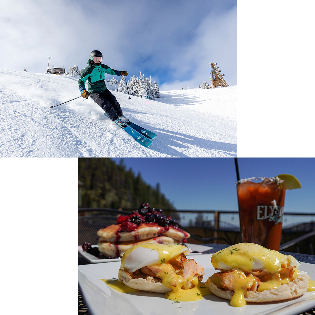 Left image: A skier in a blue jacket descends a groomed run at Mission Ridge on a sunny day. Right Image: A breakfast spread sitting on an outdoor table on a sunny day.
