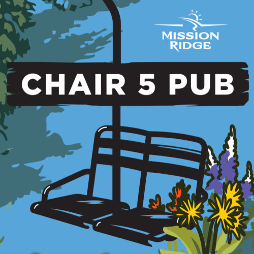 Chiar 5 Pub Logo at Mission Ridge with blue background and drawing of flowers alongside a riblet chair.