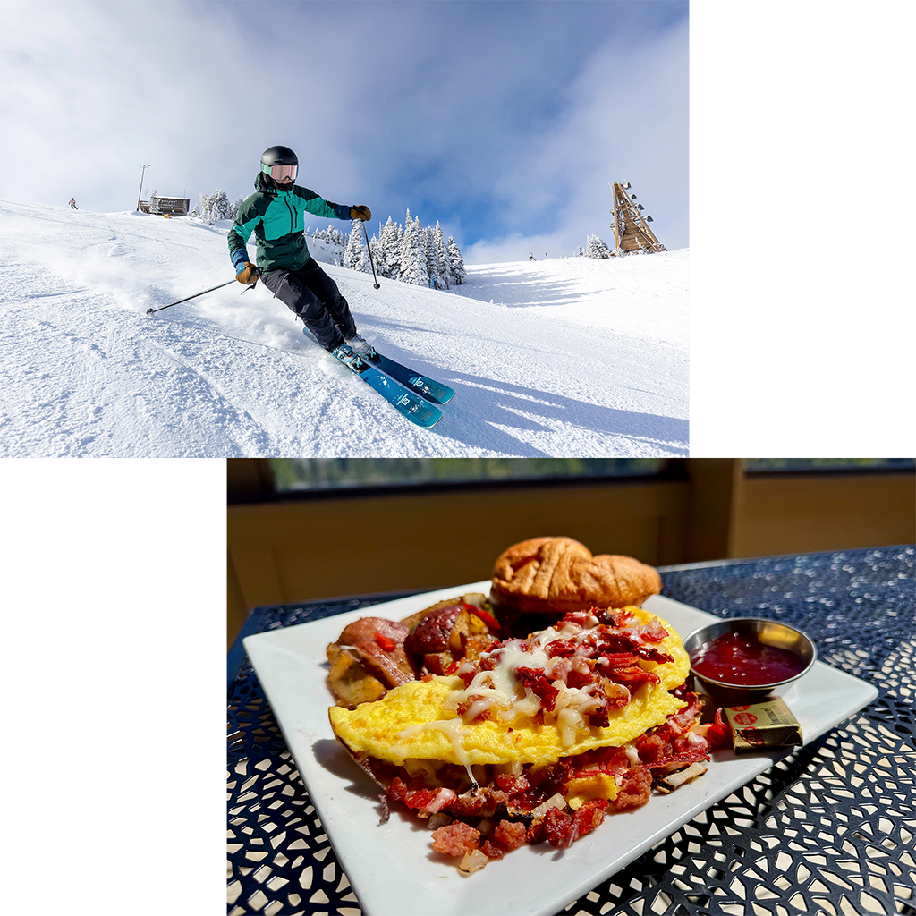 left image: skier descends a sunny trail at Mission Ridge right image: mission omelet from the chair 5 pub, set on a table in the sunshine