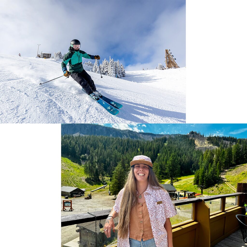 left image: skier in blue jacket descends the Sunspot trail at Mission Ridge on a bluebird day. Right image: Woman in light pink hat and matching light pink button shirt smiling and leaing against railing in front of mountain view in summer.