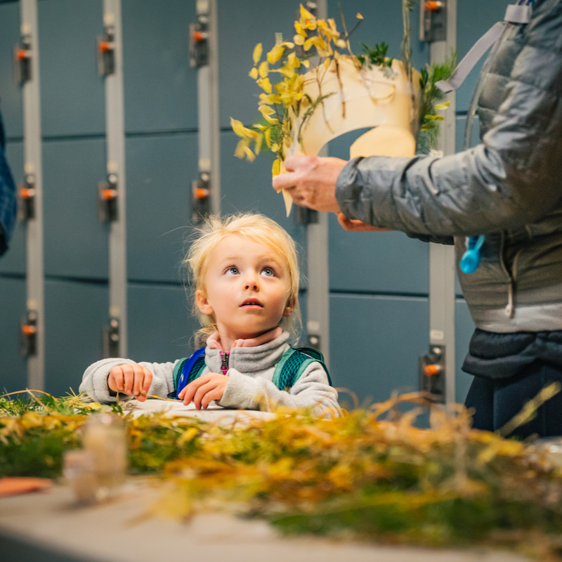 A young child wearing a wilderness crown made of greenery at Tamarack Festival
