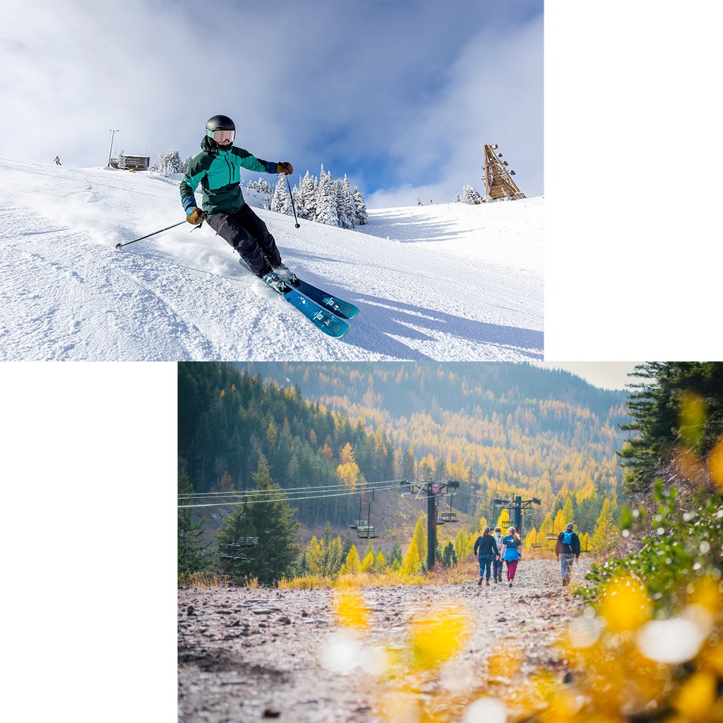 Left image: skier in a teal jacket carves down a groomed run under fresh snow at Mission Ridge. Right image: hikers walk a trail beneath the chairlift through golden tamaracks in fall.