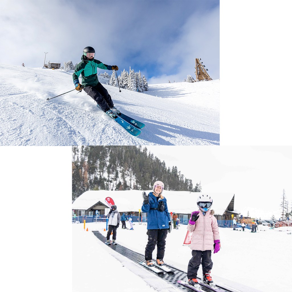 Left image: skier in a teal jacket carves down a groomed run under fresh snow at Mission Ridge. Right image: a ski instructor waves while young skiers ride the magic carpet at the base area.